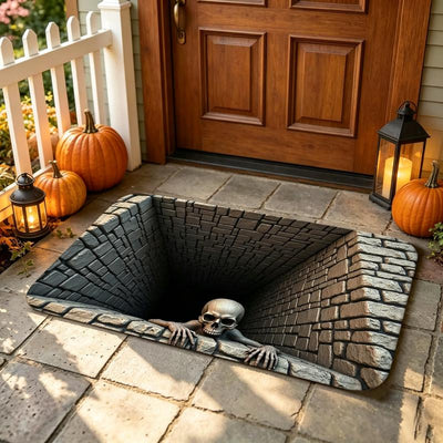 Halloween Skull Stone Wall Door Mat – Horror Flannel Rug, Gothic Anti-Slip Indoor & Outdoor Floor Mat