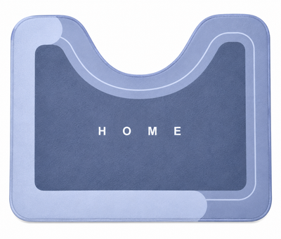 Light blue U-shaped toilet mat by Mattona with HOME lettering, flat top view on a white background
