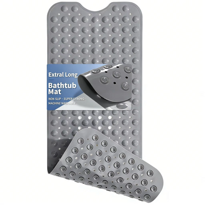 Extra-long non-slip PVC bathtub mat with suction cups and drain holes for full tub coverage