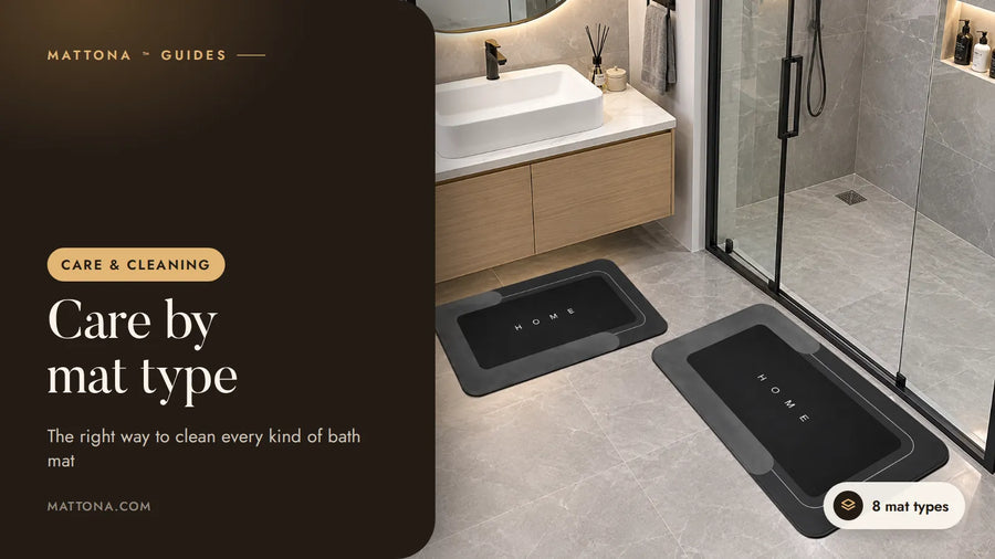 Mattona™ guide cover: care by mat type, with two black bath mats in front of a vanity and glass shower