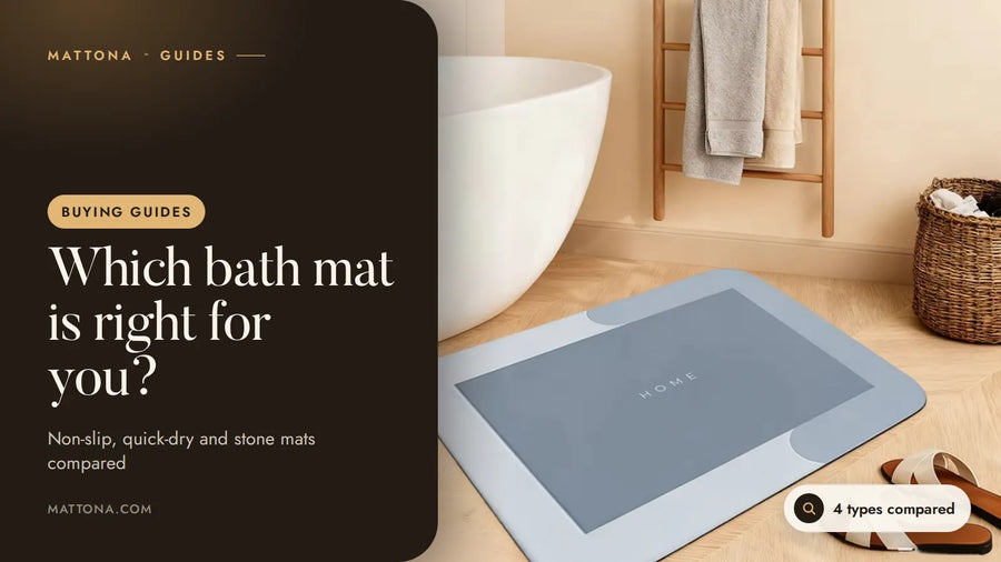 Mattona™ guide cover: which bath mat is right for you, with a light blue stone bath mat beside a bathtub