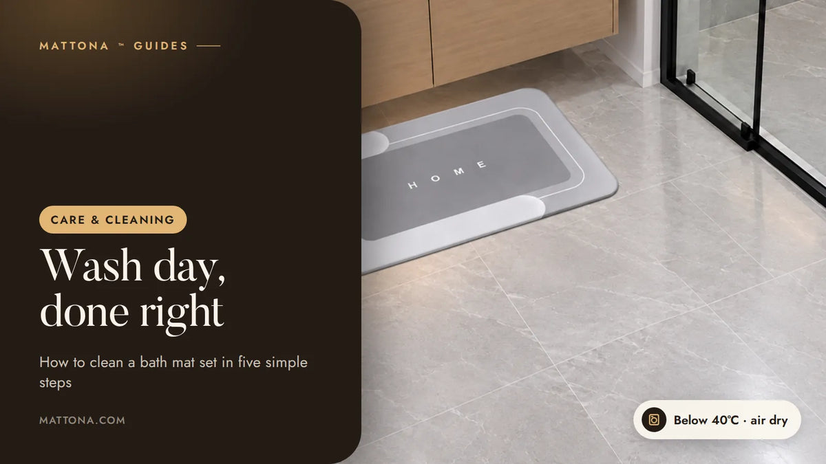 Mattona™ guide cover: how to clean a bath mat set, with a gray bath mat on a marble bathroom floor