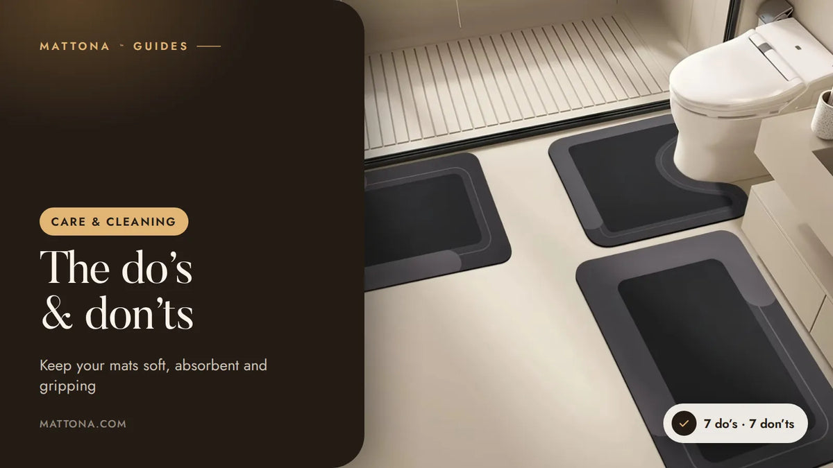 Mattona™ guide cover: bath mat cleaning do’s and don’ts, with a black plain 3-piece mat set