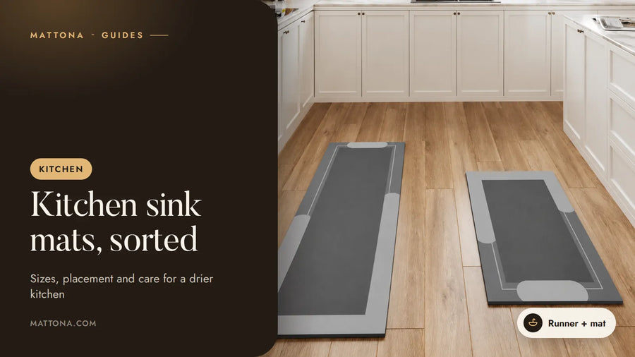Mattona™ guide cover: kitchen sink mats, with a gray runner and mat on a wooden kitchen floor