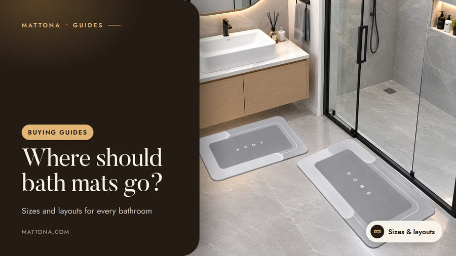 Mattona™ guide cover: where bath mats should go, with two gray mats by a vanity and shower