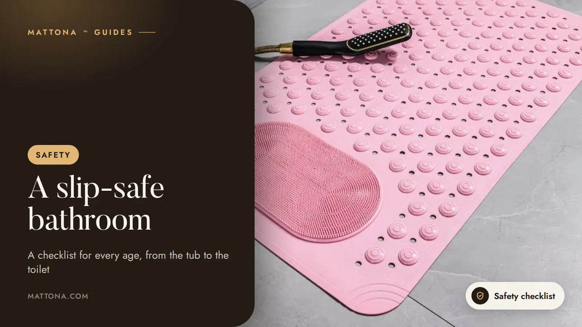 Mattona™ guide cover: a slip-safe bathroom, with a pink suction shower mat on a tiled floor