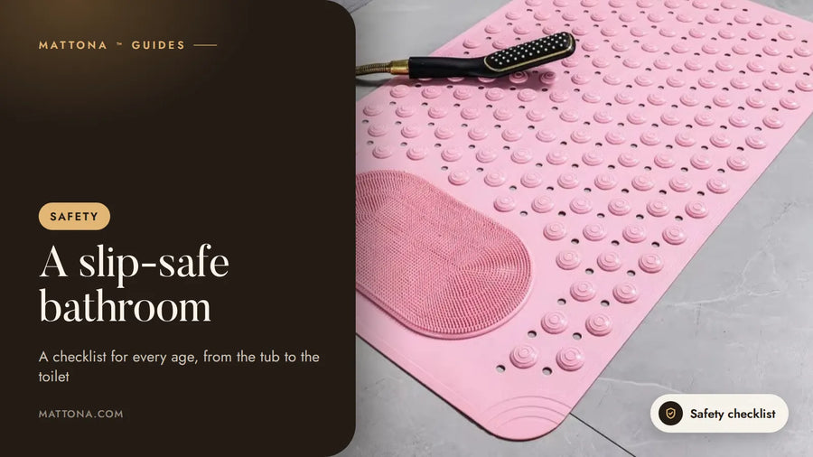 Mattona™ guide cover: a slip-safe bathroom, with a pink suction shower mat on a tiled floor