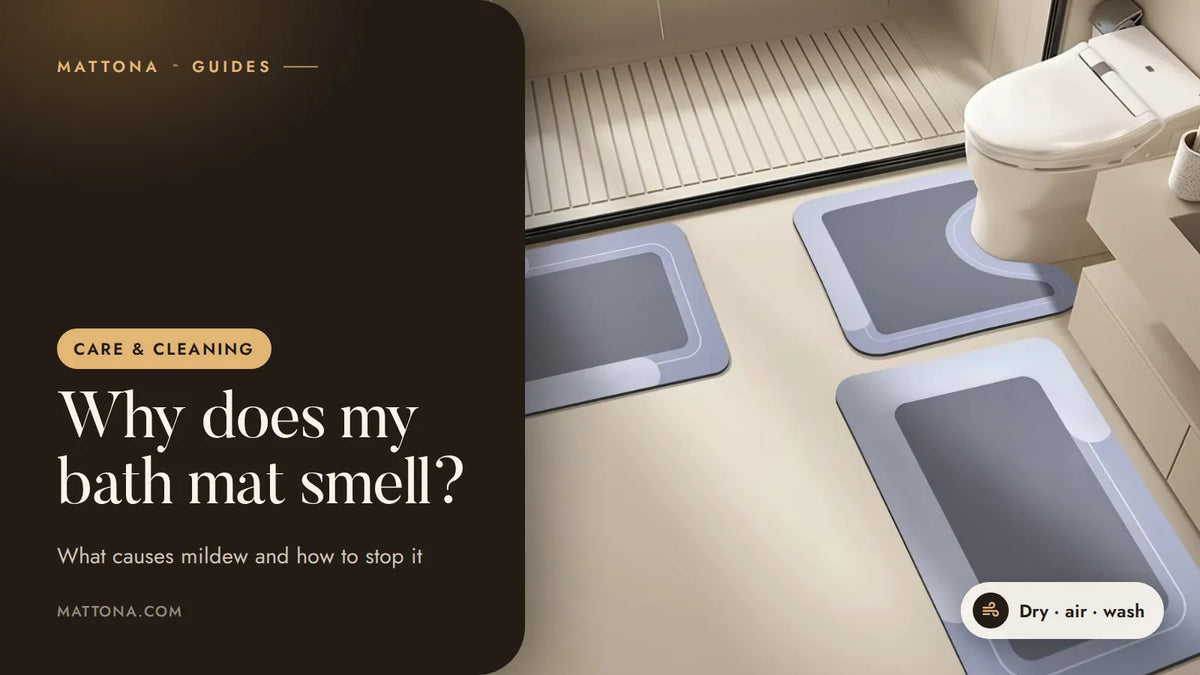 Mattona™ guide cover: why bath mats smell, with a light blue plain bath mat set