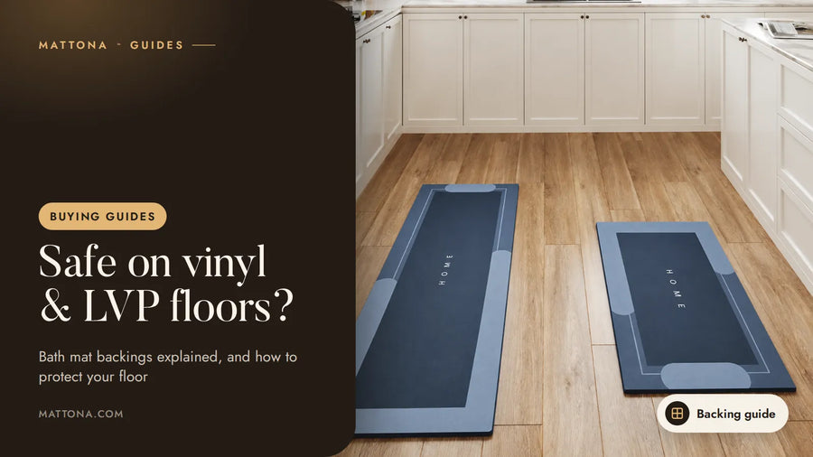 Mattona™ guide cover: are bath mats safe on vinyl and LVP floors, with dark blue mats on a wood-look floor