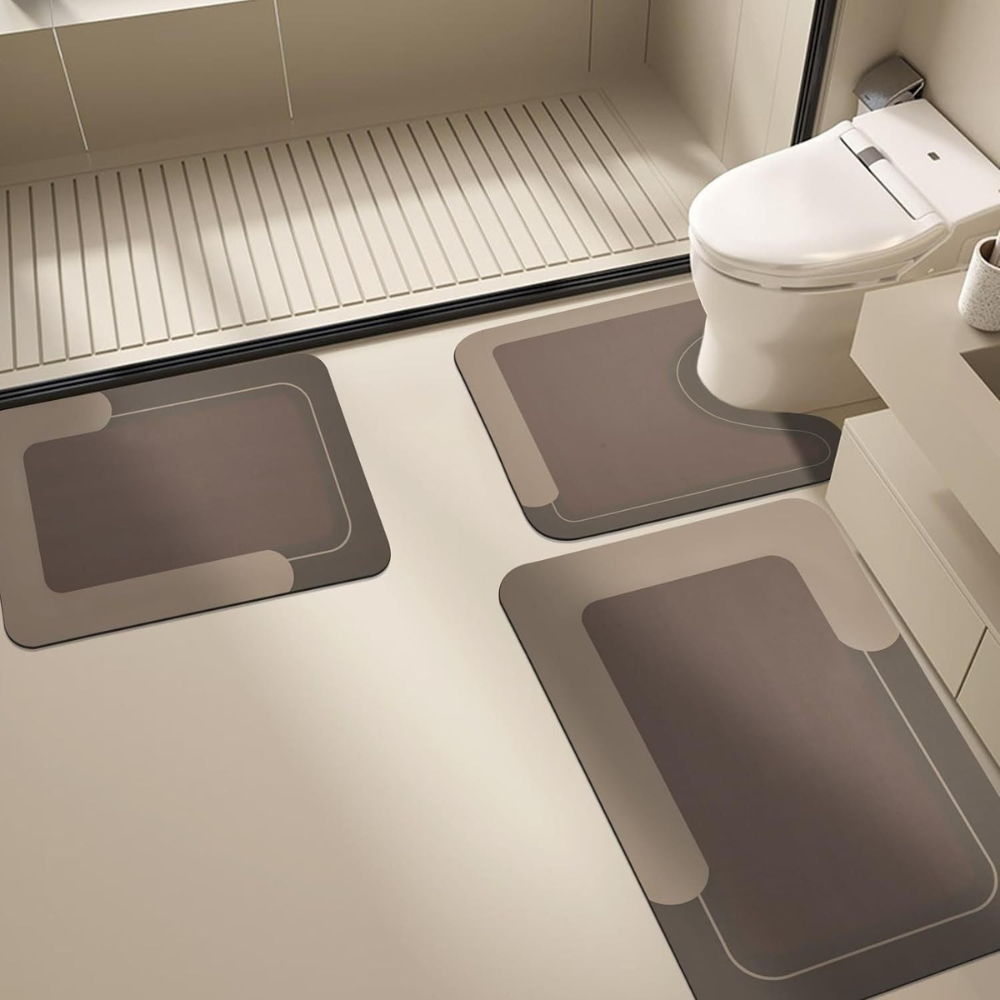 Mattona 3-piece plain bathroom mat set in Brown — text-free U-shaped toilet mat, bath mat, and floor mat, quick-dry and non-slip