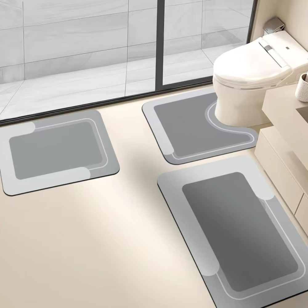 Mattona 3-piece plain bathroom mat set in Gray — text-free U-shaped toilet mat, bath mat, and floor mat, quick-dry and non-slip