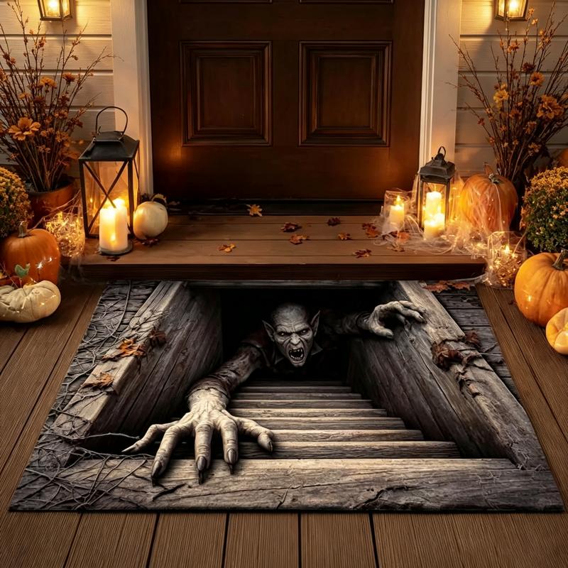 Halloween skull door mat by Mattona with a 3D brick pit illusion, at a front door with pumpkins and lanterns