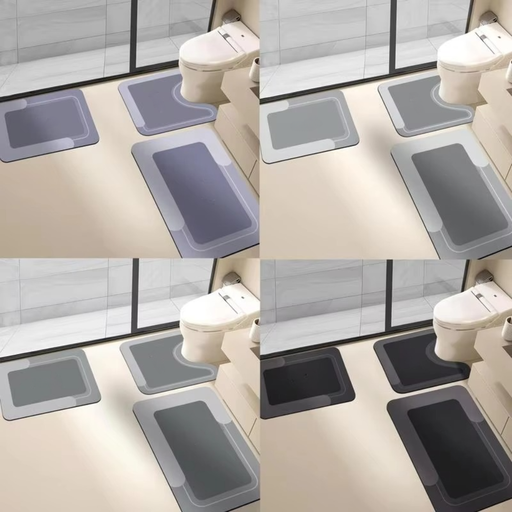3-Piece No-Text Bathroom Mat Set – Plain Minimalist Quick-Dry U-Shaped Toilet & Floor Mats