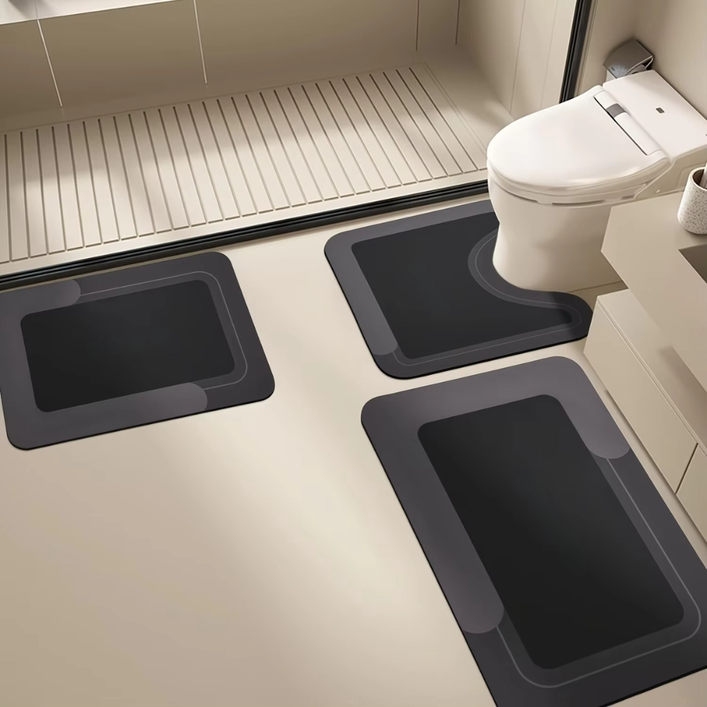 Mattona 3-piece plain bathroom mat set in Black — text-free U-shaped toilet mat, bath mat, and floor mat, quick-dry and non-slip