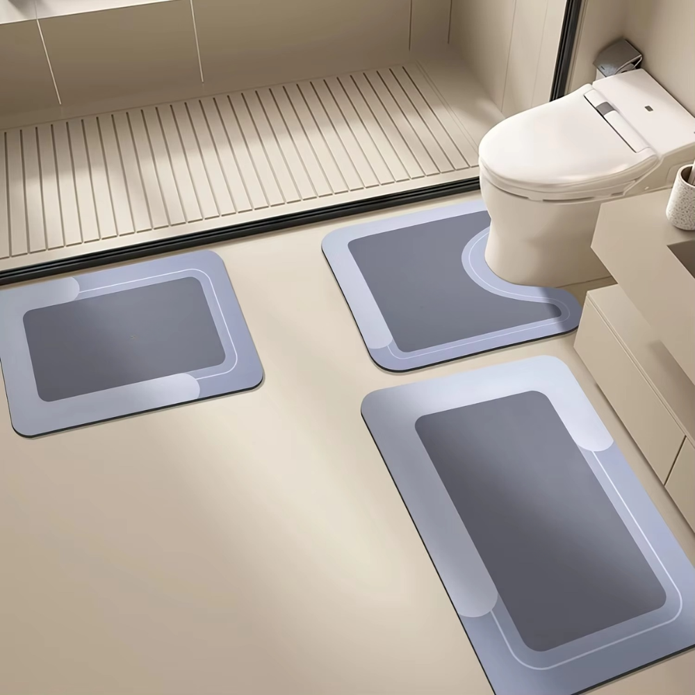 Mattona 3-piece plain bathroom mat set in Light Blue — text-free U-shaped toilet mat, bath mat, and floor mat, quick-dry and non-slip