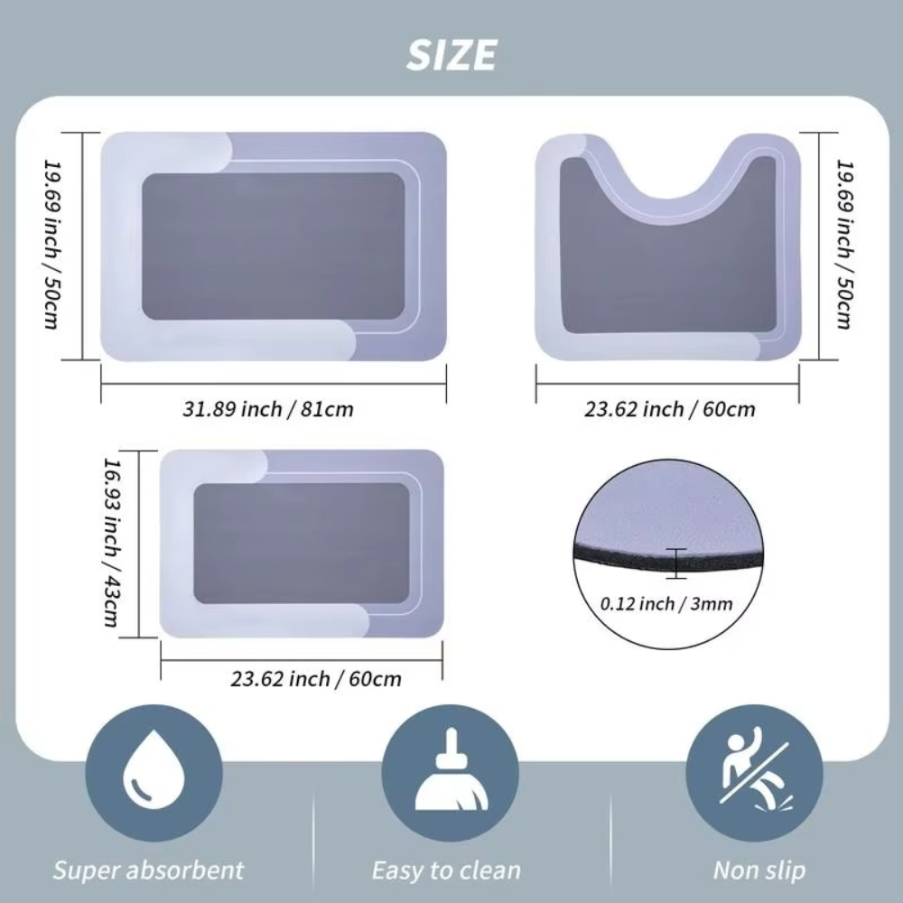 3-Piece No-Text Bathroom Mat Set – Plain Minimalist Quick-Dry U-Shaped Toilet & Floor Mats