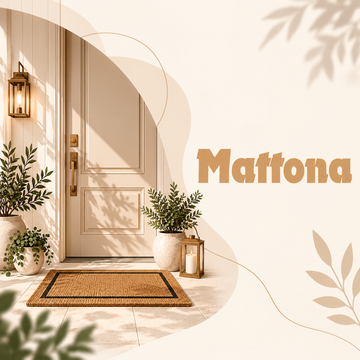 Mattona brand image: a doormat in front of a cream front door with potted plants and a lantern