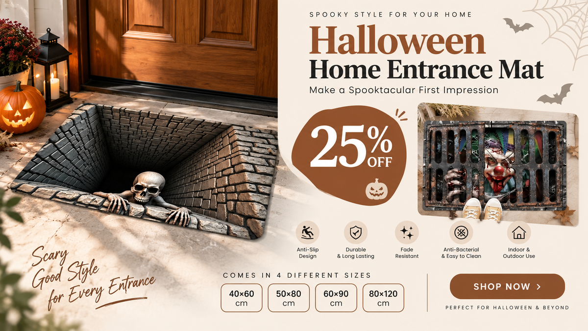 Halloween home entrance mats by Mattona: a 3D skull climbing out of a brick pit and a clown behind a drain grate, in 4 sizes from 40 × 60 to 80 × 120 cm