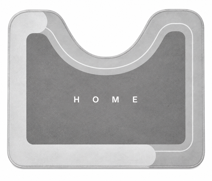 Gray Mattona U-shaped toilet mat with HOME lettering, top view