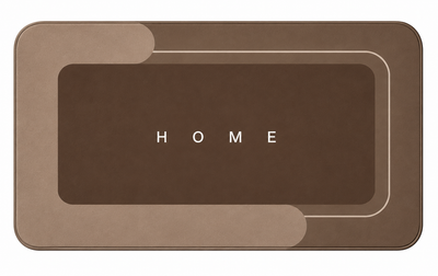 Brown HOME bath mat by Mattona, flat top view on white showing the two-tone border and HOME lettering