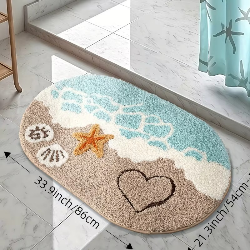 Ocean-Themed Plush Faux Cashmere Bathroom Mat | Ultra Soft, Non-Slip Absorbent Bath Rug with Beach Starfish & Heart Design