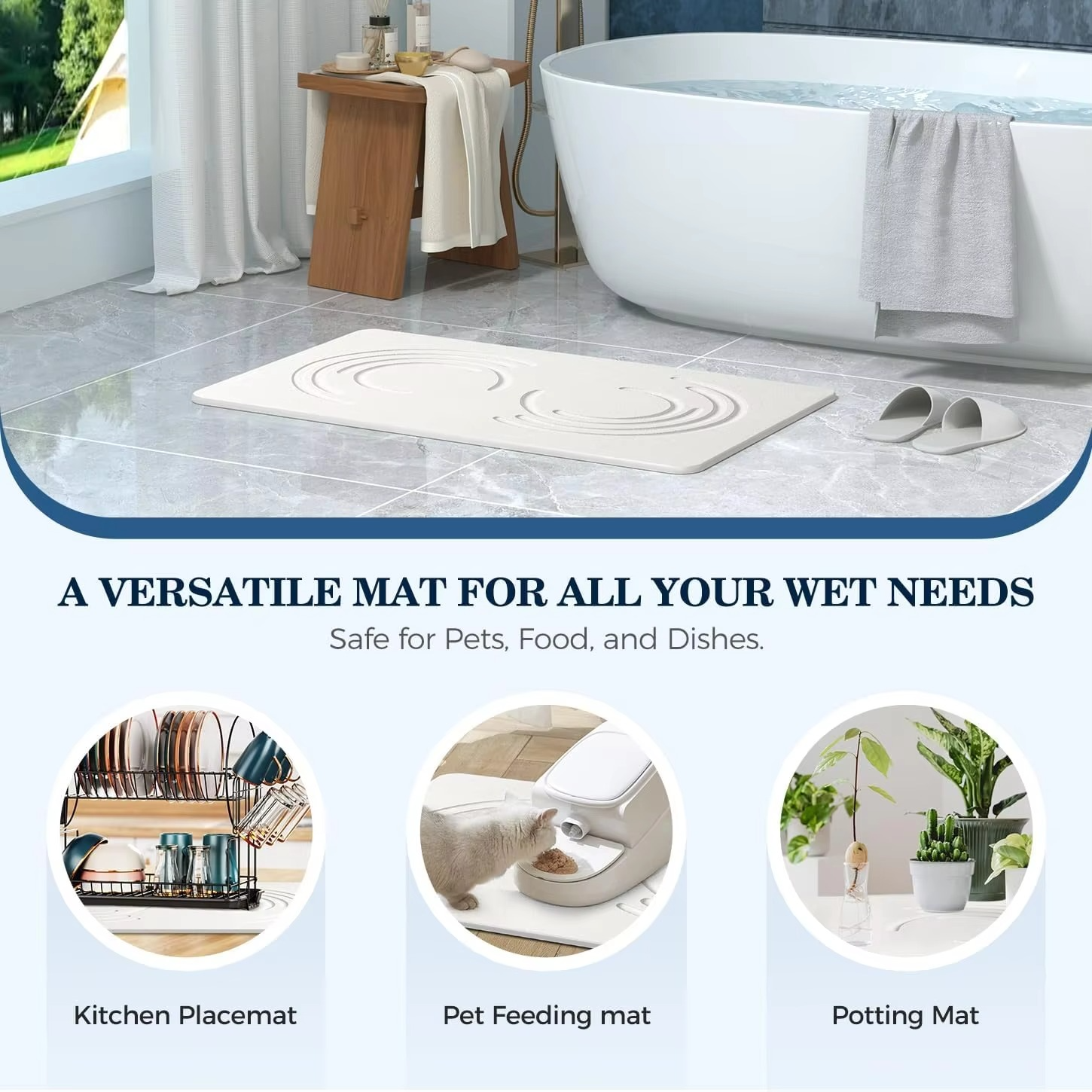 Quick-Drying Diatomite Bath Mat – Natural Stone Shower Mat for Bathroom Floor, Super Absorbent, Anti-Slip & Easy to Clean