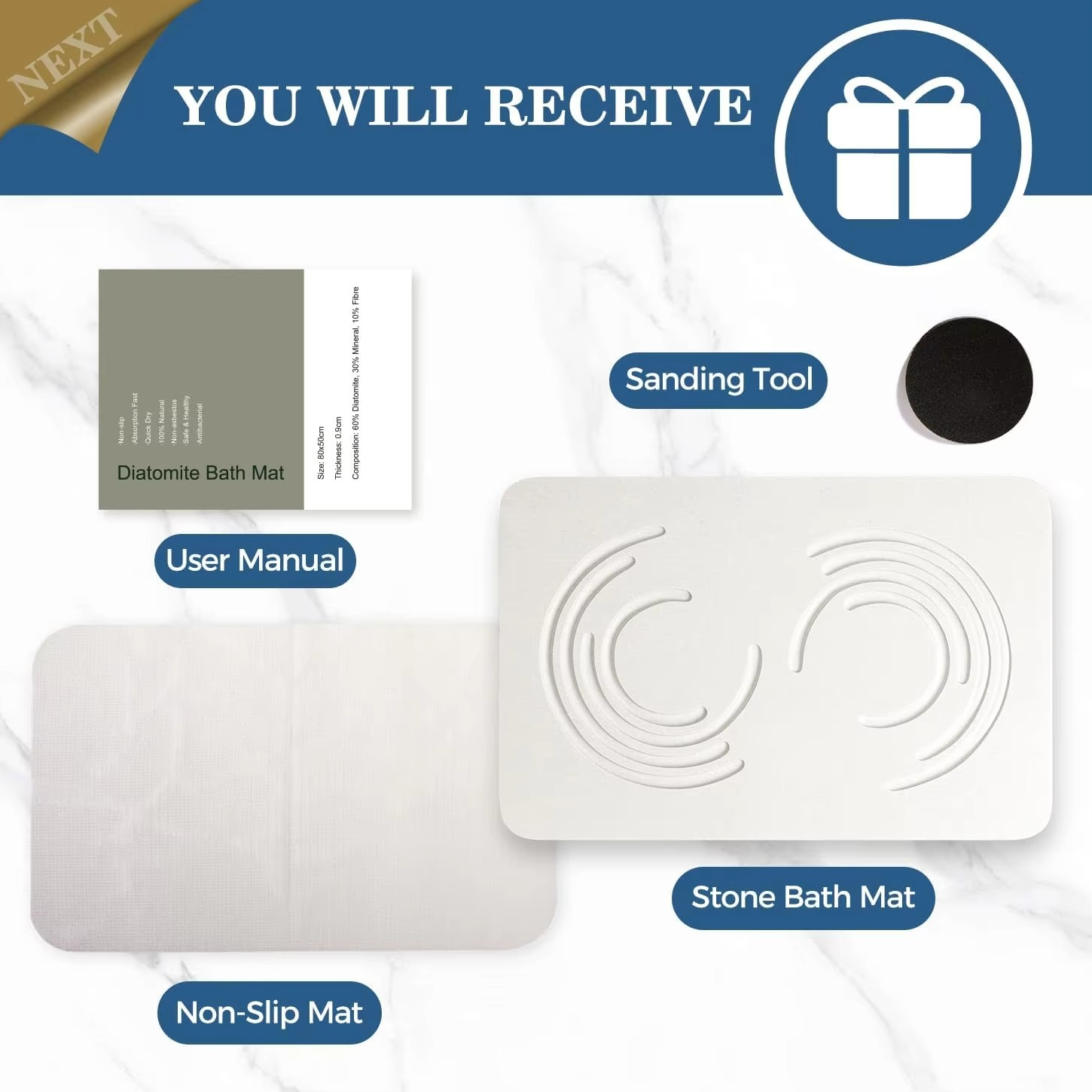 Quick-Drying Diatomite Bath Mat – Natural Stone Shower Mat for Bathroom Floor, Super Absorbent, Anti-Slip & Easy to Clean