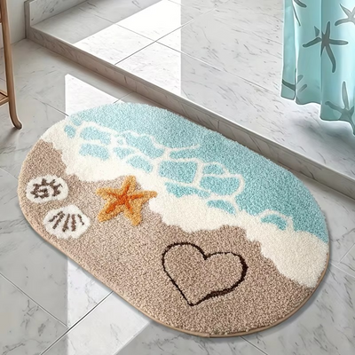 Ocean-Themed Plush Faux Cashmere Bathroom Mat | Ultra Soft, Non-Slip Absorbent Bath Rug with Beach Starfish & Heart Design
