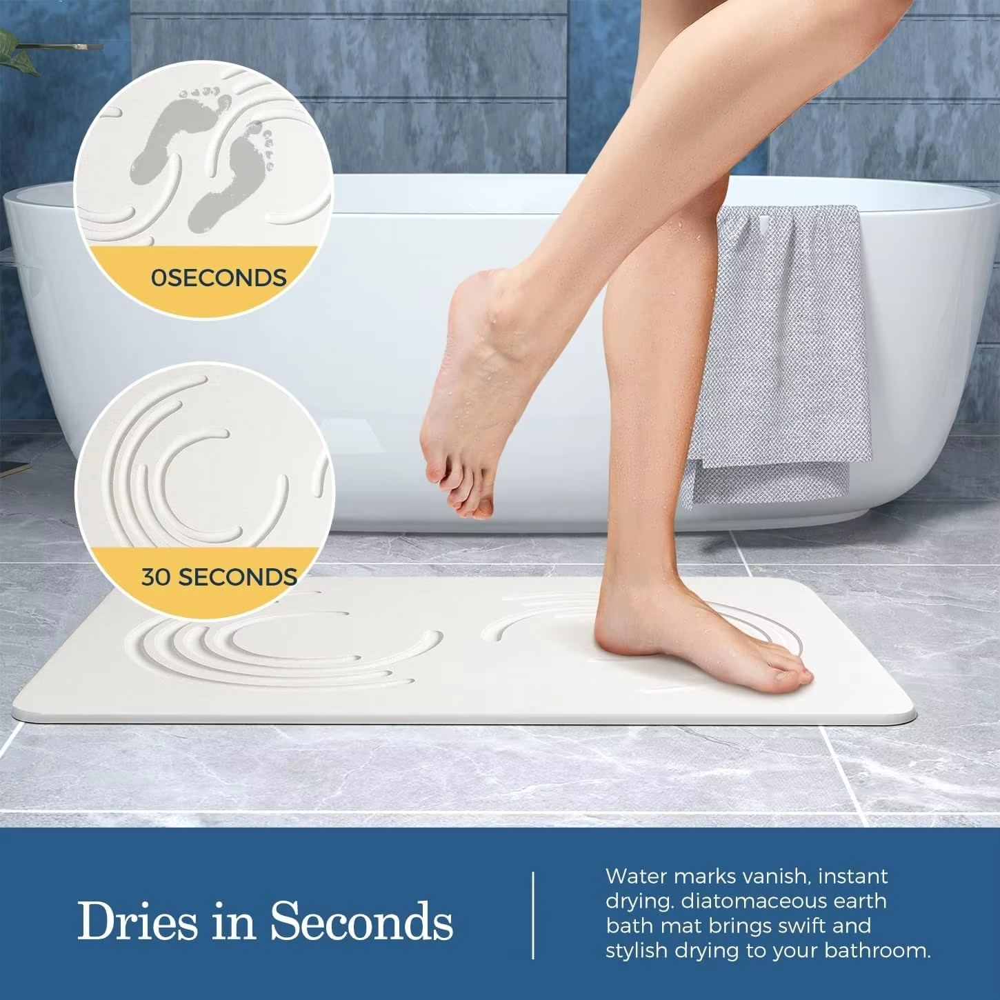 Quick-Drying Diatomite Bath Mat – Natural Stone Shower Mat for Bathroom Floor, Super Absorbent, Anti-Slip & Easy to Clean