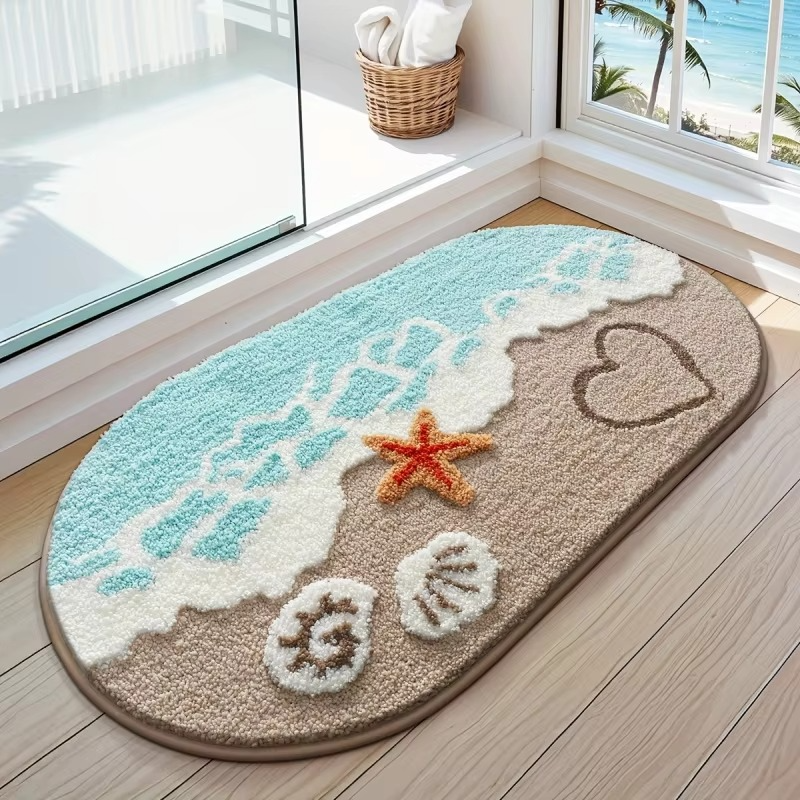 Ocean-Themed Plush Faux Cashmere Bathroom Mat | Ultra Soft, Non-Slip Absorbent Bath Rug with Beach Starfish & Heart Design