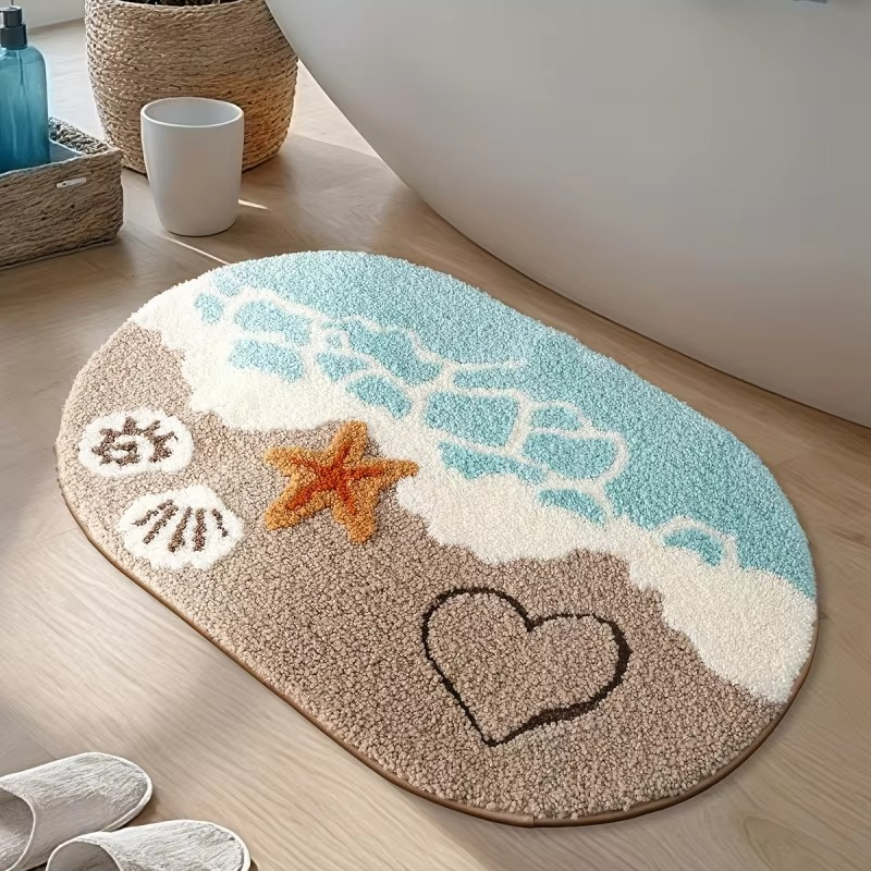 Ocean-Themed Plush Faux Cashmere Bathroom Mat | Ultra Soft, Non-Slip Absorbent Bath Rug with Beach Starfish & Heart Design
