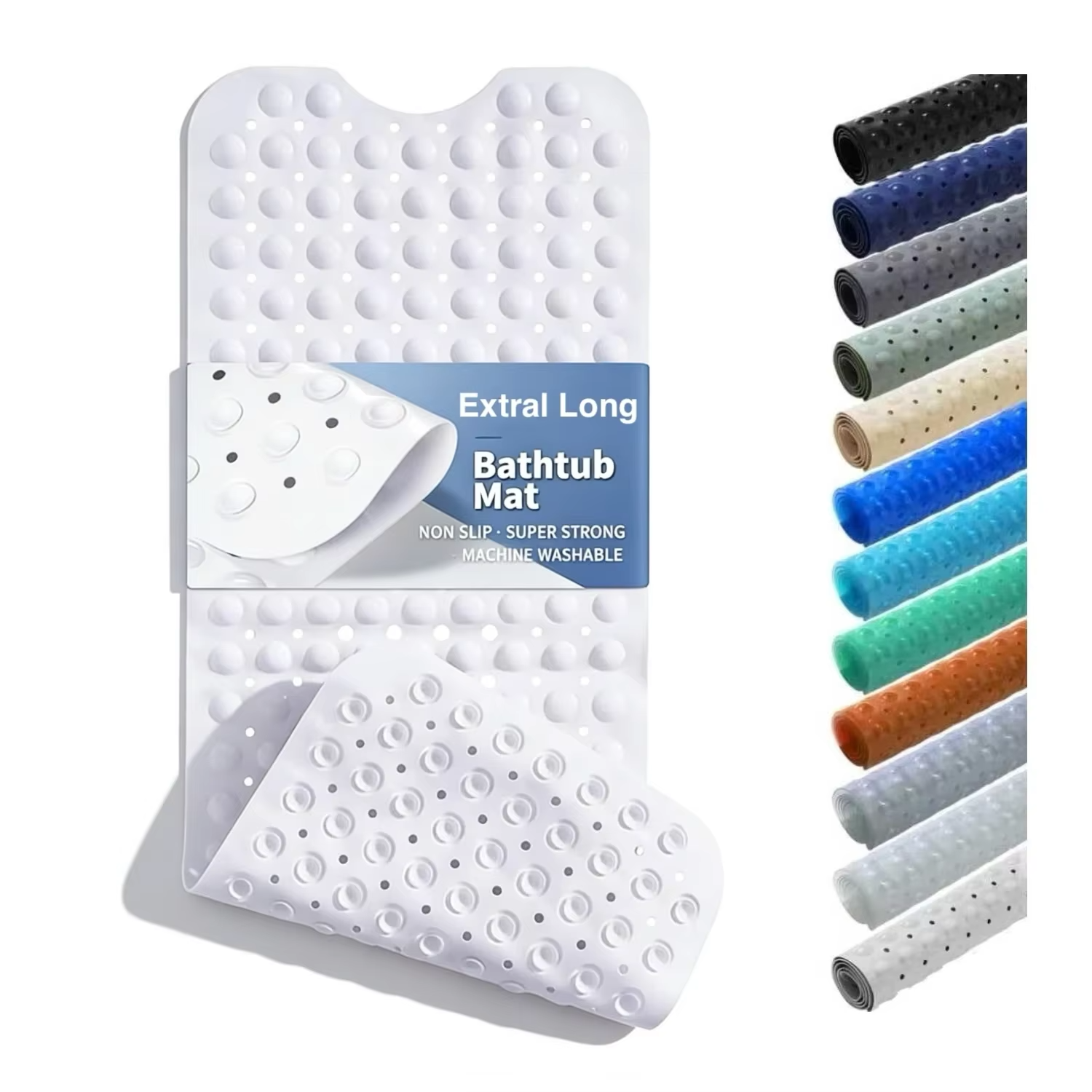 Extra-Long Bathtub Shower Mat 40 × 16 Inch – Non-Slip PVC Bath Mat with Suction Cups & Drain Holes, Machine Washable Bathroom Safety Mat