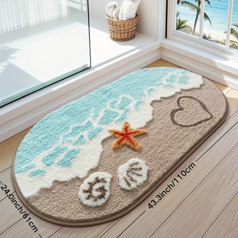 Ocean-Themed Plush Faux Cashmere Bathroom Mat | Ultra Soft, Non-Slip Absorbent Bath Rug with Beach Starfish & Heart Design