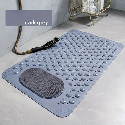 Dark gray PVC massage mat by Mattona, alternate photo with a dark grey label, on a bathroom floor