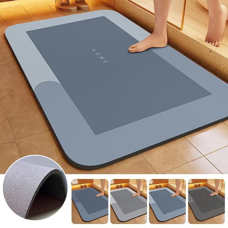Super absorbent diatomaceous earth bath mat with a fast-drying surface and non-slip base