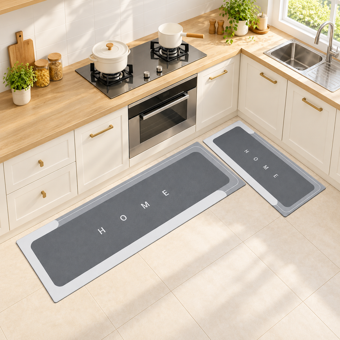 Mattona gray HOME two-piece kitchen mat set, with a long runner and matching smaller mat in a bright cream and oak kitchen