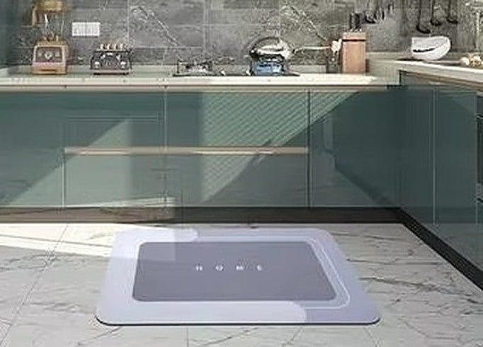 Mattona mat in front of kitchen cabinets