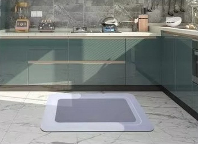 plain Mattona mat in front of kitchen cabinets