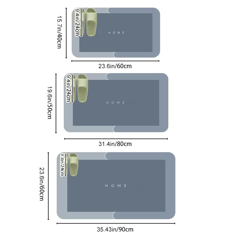 Size guide showing the 40x60cm, 50x80cm and 60x90cm bath mat dimensions